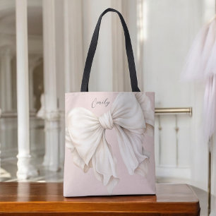 Cute Girly Ivory White Bow on Pink Tote Bag