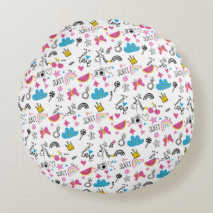 Cute Girly Kids Unicorn Rainbow Butterflies Hearts Round Cushion