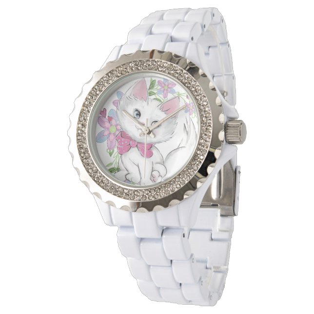 Cute Girly Kitten With Flowers Watch (Angled)
