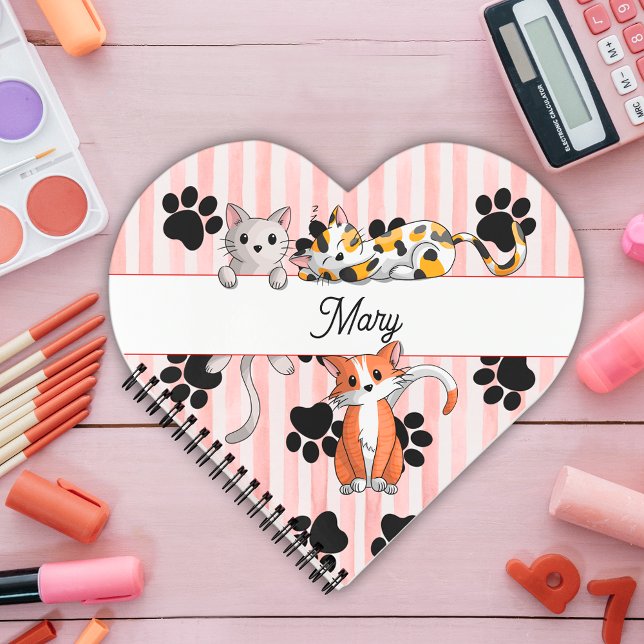 Cute girly Kittens & paws, red striped heart shape Notebook (Creator Uploaded)