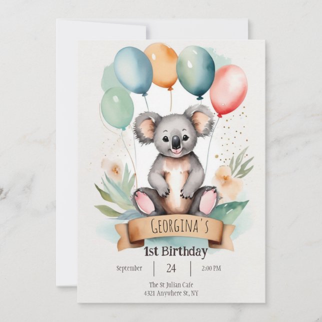 Cute Girly Koala Birthday  Invitation (Front)
