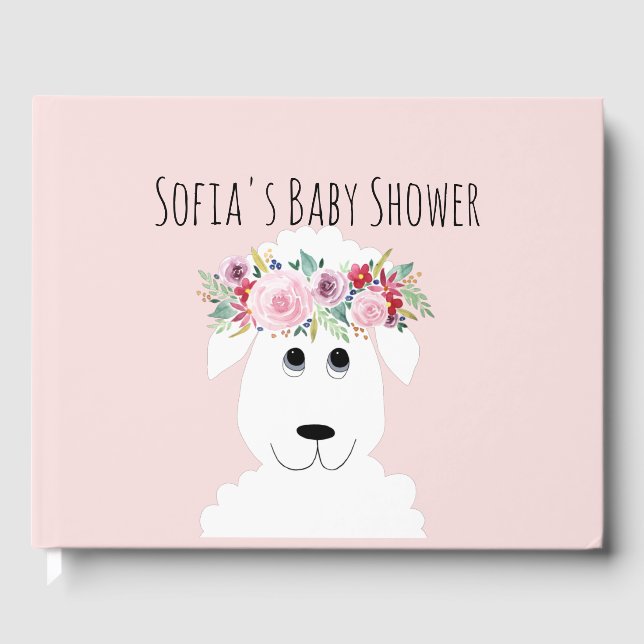 Cute Girly Lamb Watercolor Flowers Baby Shower Guest Book (Front)