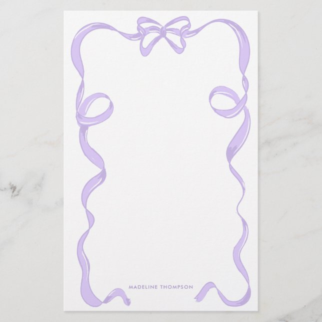 Cute Girly Lavender Purple Violet Bow Ribbon Frame Stationery (Front)