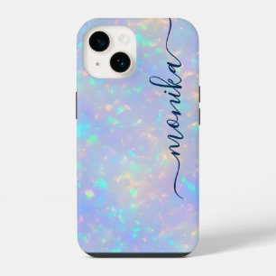 Cute Girly Luxury Navy Blue Holographic Monogram iPhone 14 Case