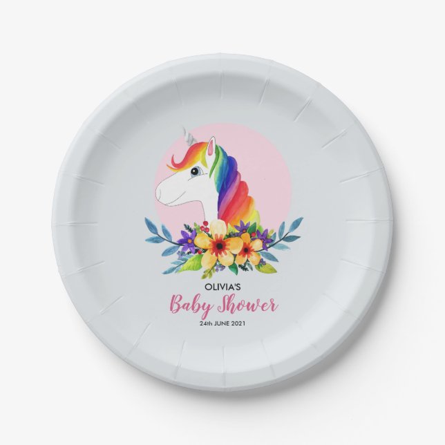 Cute Girly Magical Unicorn and Flowers Baby Shower Paper Plate (Front)