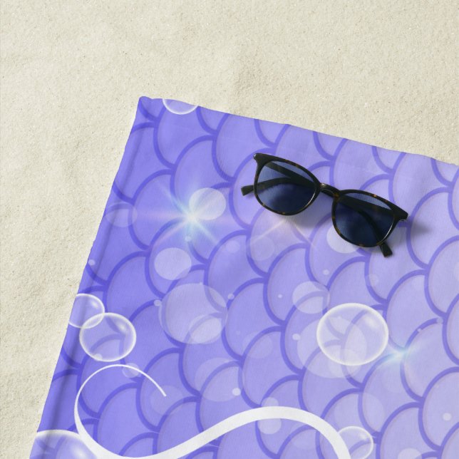 Cute Girly Mermaid Scales Bubbles Monogrammed Beach Towel (In Situ)