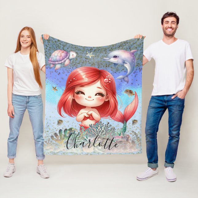 Cute Girly "Mermaid Under The Sea" Red Hair Fleece Blanket (In Situ)