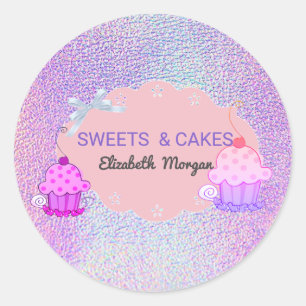 Cute Girly Modern, Holographic Cupcake Bakery Classic Round Sticker