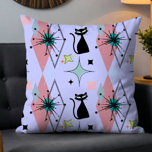Cute Girly Modern Mid-Century Stars & Cat Blue Cushion
