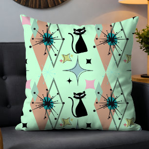 Cute Girly Modern Mid-Century Stars & Cat Green Cushion