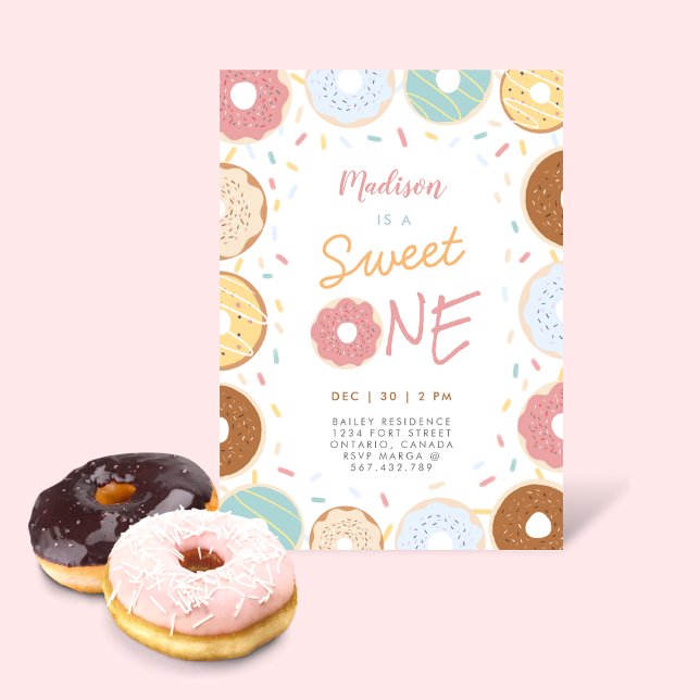 Cute Girly Modern Pastel Doughnut First Birthday  Invitation (Creator Uploaded)