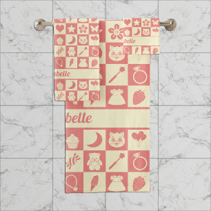 Cute Girly Modern Pink Chequered Icons Pattern Bath Towel Set