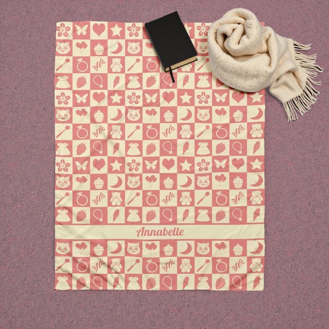 Cute Girly Modern Pink Chequered Icons Pattern Fleece Blanket (Creator Uploaded)