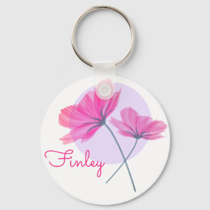 Cute & Girly Modern Pink Flowers Chic Custom Name Key Ring