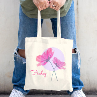 Cute & Girly Modern Pink Flowers Chic Custom Name Tote Bag