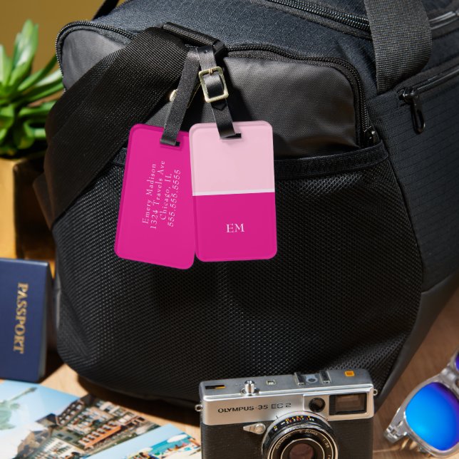 Cute Girly Modern Pink Monogrammed Initials Luggage Tag (Front & Back)