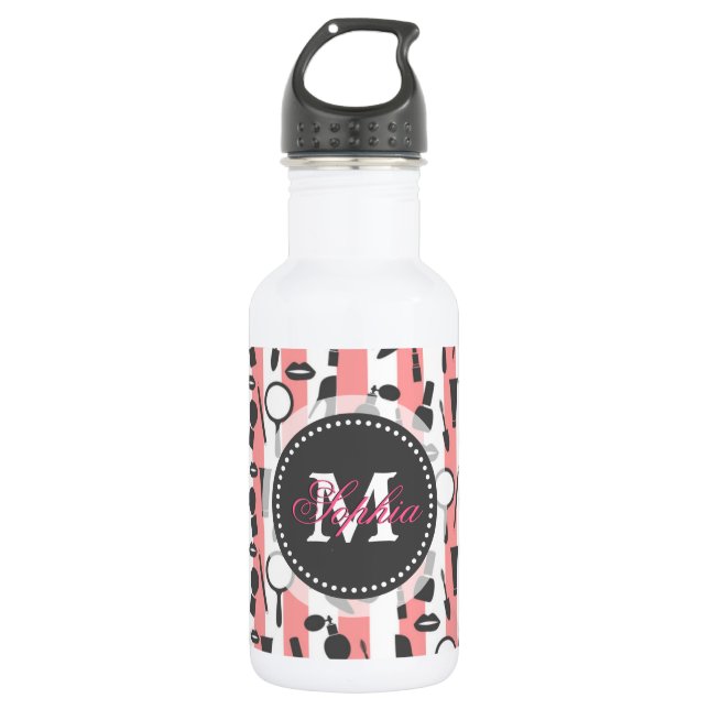 Cute girly  monogram cosmetics stripes pattern 532 ml water bottle (Front)