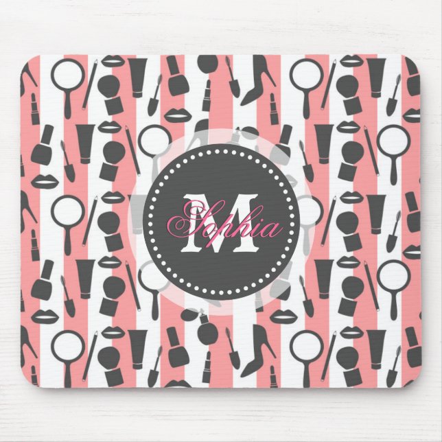 Cute girly  monogram cosmetics stripes pattern mouse pad (Front)