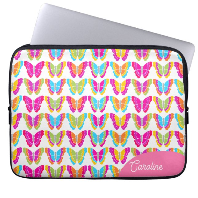 Cute Girly Multicolor Rainbow Butterflies Name Laptop Sleeve (Front)