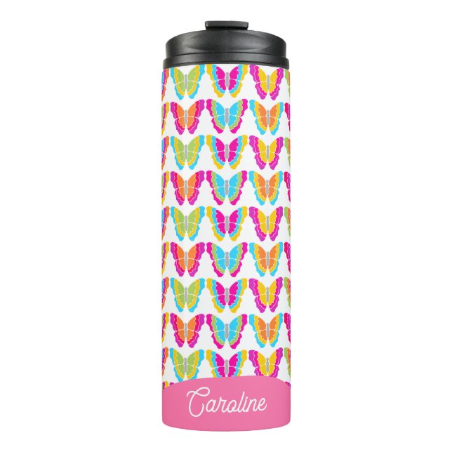 Cute Girly Multicolor Rainbow Butterflies Name Thermal Tumbler (Front)