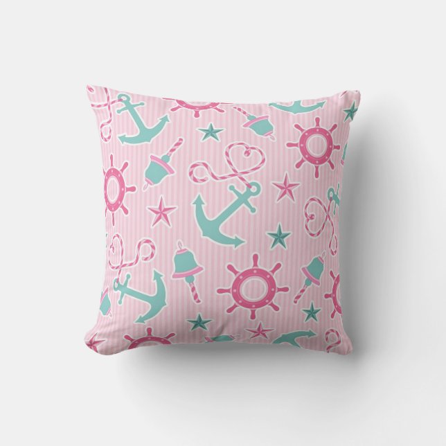 Cute Girly Nautical Print Pink Stripe Cushion (Front)