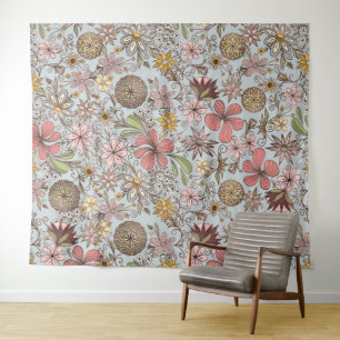 Cute Girly Old Rose Pink Floral Doodles Design Tapestry