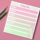 Cute Girly Pastel Pink And Green Weekly Planner Notepad<br><div class="desc">Here's a personalised notepad that will help you remember your most important weekly tasks. Each day of the week is represented by a different pastel pink and green blank areas, decorated with minimalist leafy branches of the same colours, and your name appears at the top. The text is fully customisable....</div>