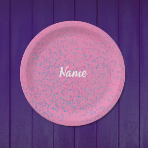 Cute Girly Pastel Pink Blue Dots Modern White Name Paper Plate
