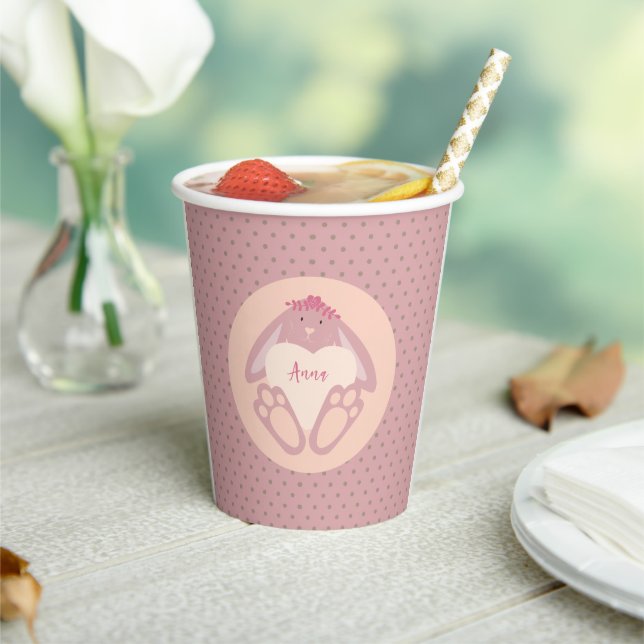 Cute Girly Pastel Pink Bunny Heart Dots Cartoon Paper Cups (Insitu)