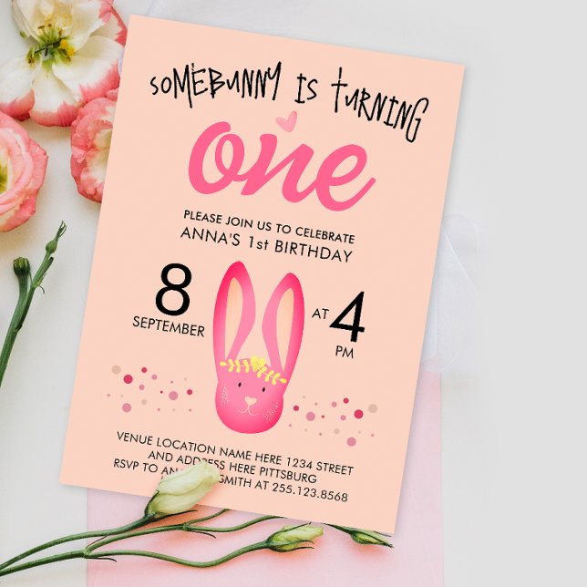 Cute Girly Pastel Pink Peach Bunny 1st Birthday Invitation (Creator Uploaded)