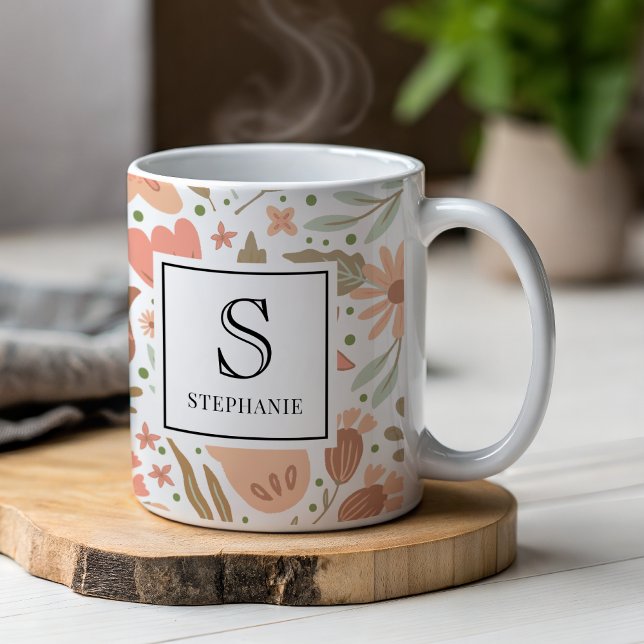 Cute Girly Peach Flowers Pattern Monogrammed Name Coffee Mug (Creator Uploaded)