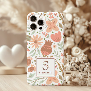 Cute Girly Peach Flowers Stylish Monogram Name