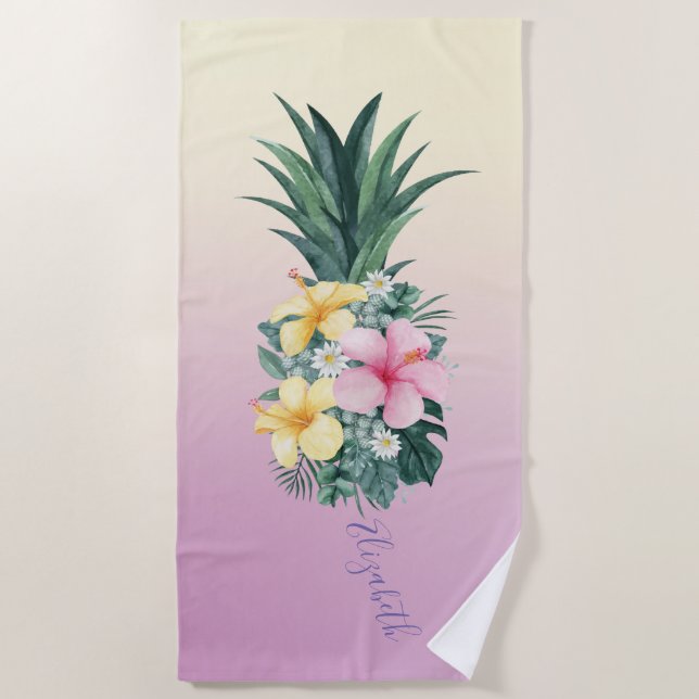 Cute Girly  Pineapple Tropical Flowers ,Ombre Beach Towel (Front)