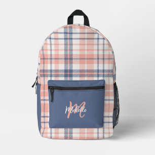 Cute Girly Pink and Blue Plaid Monogram Printed Backpack