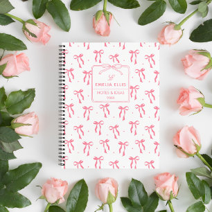 Cute Girly Pink and White Coquette Bows Monogram Notebook