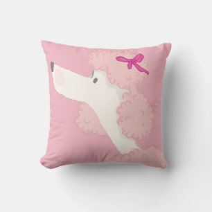 Cute girly pink and white poodle with hot pink bow cushion