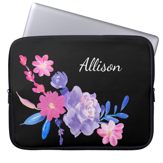 Cute Girly Pink Black Floral Monogram Flowers Lapt Laptop Sleeve (Front)
