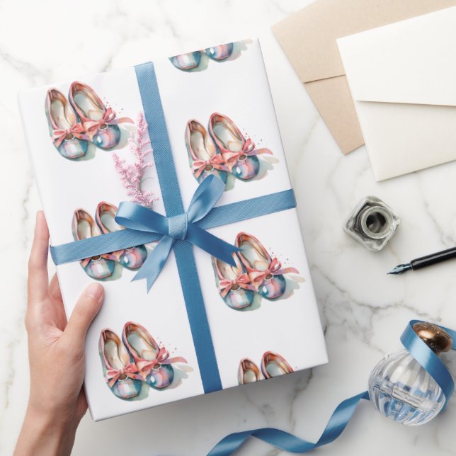 Cute Girly Pink Blue Ballerina Shoes Watercolor Wrapping Paper (Gifting)