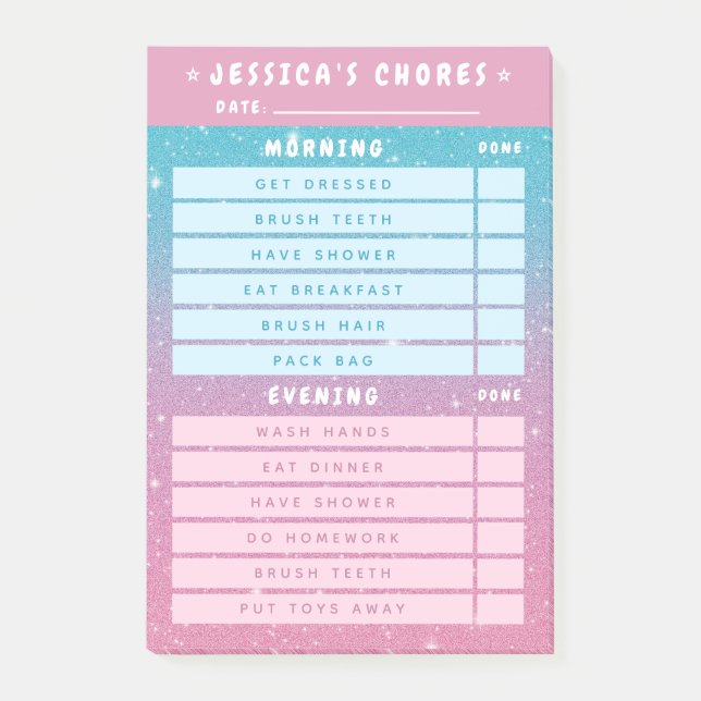 Cute Girly Pink Blue Glitter Kids Daily Chores 4x6 Post-it Notes (Front)