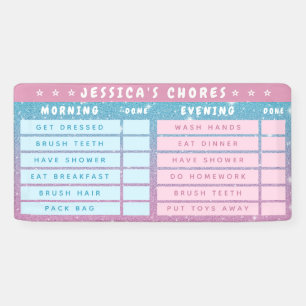 Cute Girly Pink Blue Glitter Kids Daily Chores Banner