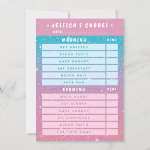 Cute Girly Pink Blue Glitter Kids Daily Chores Invitation