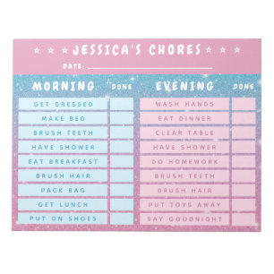 Cute Girly Pink Blue Glitter Kids Daily Chores Notepad