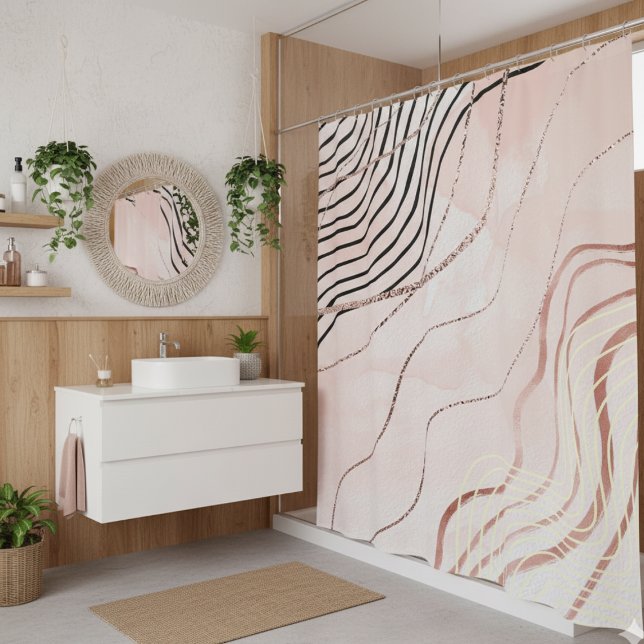 Cute Girly Pink Bohemian Rose Gold Design Shower Curtain (Creator Uploaded)