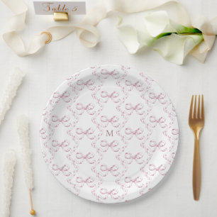 Cute Girly Pink Bow Monogram Paper Plate