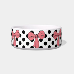 Cute Girly Pink Bows & Black Polkadots on Pet Bowl