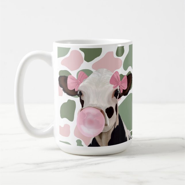 Cute Girly Pink Bubblegum Blowing Cow  Coffee Mug (Left)