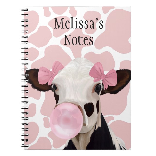 Cute Girly Pink Bubblegum Blowing Cow Notebook (Front)