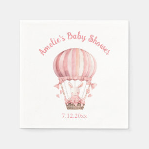 Cute Girly Pink Bunny Flying in Balloon Napkin