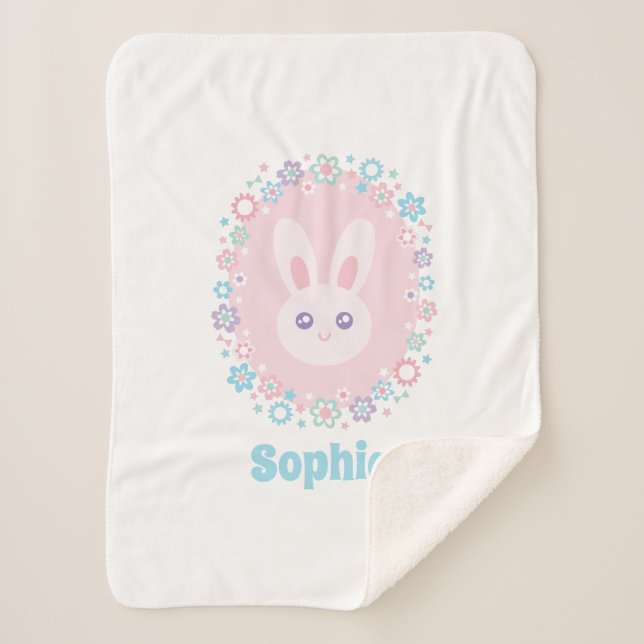 Cute Girly Pink Bunny Rabbit Floral Monogram Sherpa Blanket (Front)