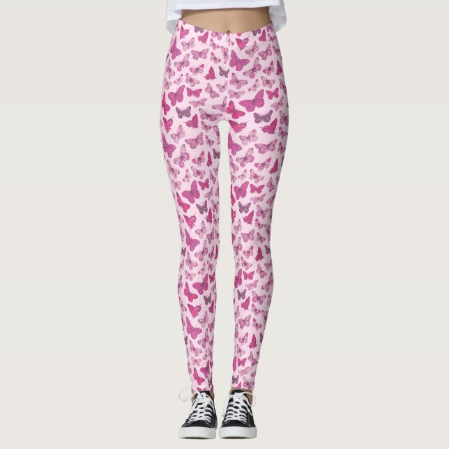Cute Girly Pink Butterfly Pattern  Leggings (Front)